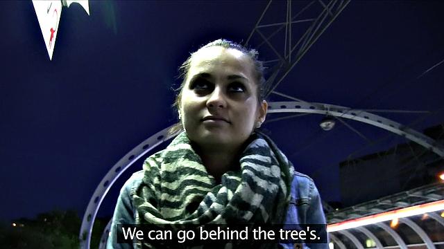 Amateur babe with no tickets takes stranger's load on her bald pussy in POV outdoor action