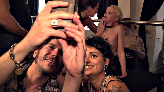 A skinny slut gulp down two hard cocks after fingering herself in public