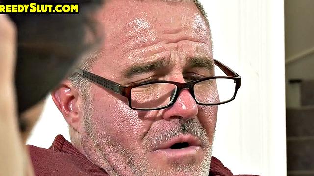 Greedy tattooed 21yo fucked by older dude after teasing