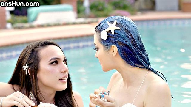 TS mermaid fucks babe's pussy outdoors in swimming pool