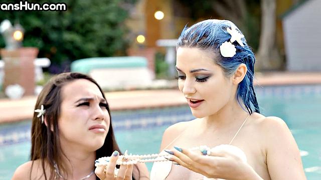 TS mermaid fucks babe's pussy outdoors in swimming pool