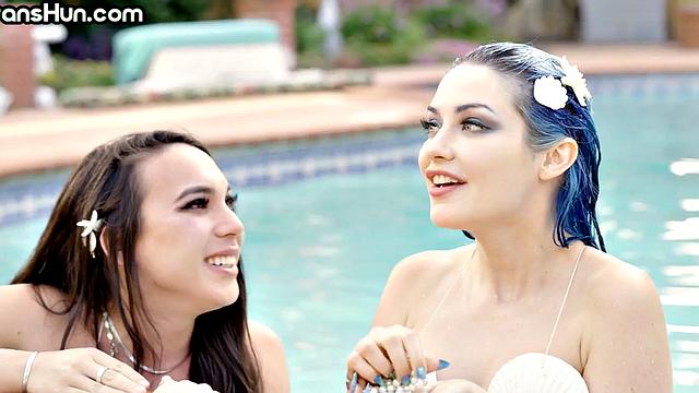 TS mermaid fucks babe's pussy outdoors in swimming pool