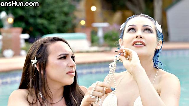 TS mermaid fucks babe's pussy outdoors in swimming pool