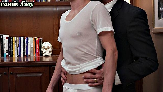 Suited gay mason with athletic body fucks twink