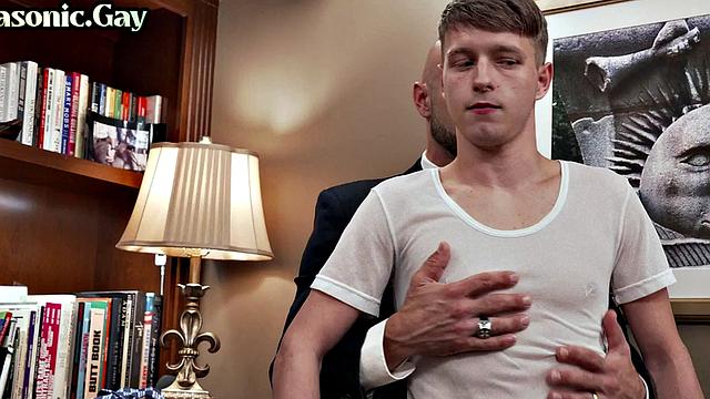 Suited gay mason with athletic body fucks twink