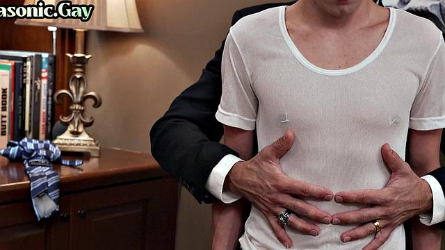 Suited gay mason with athletic body fucks twink