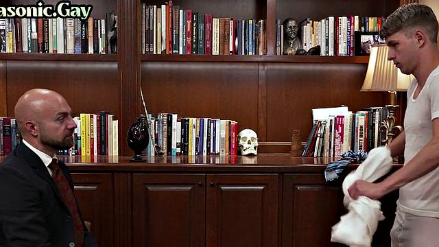 Suited gay mason with athletic body fucks twink