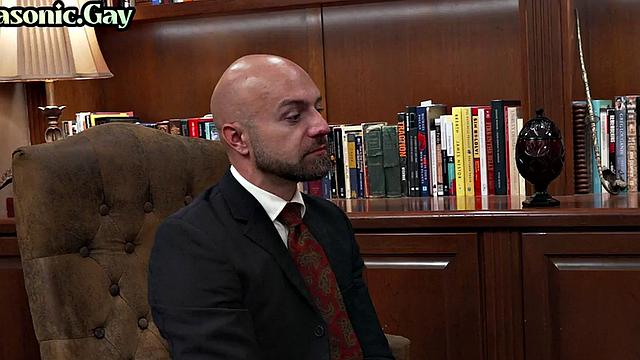 Suited gay mason with athletic body fucks twink