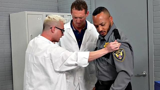 Interracial threesome with uniform men