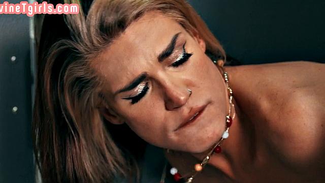 TS in lingerie bareback fucked in public toilet