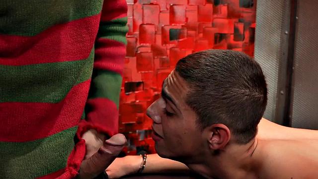 Mesmerized twink toyed in BDSM therapy by cosplay hunk