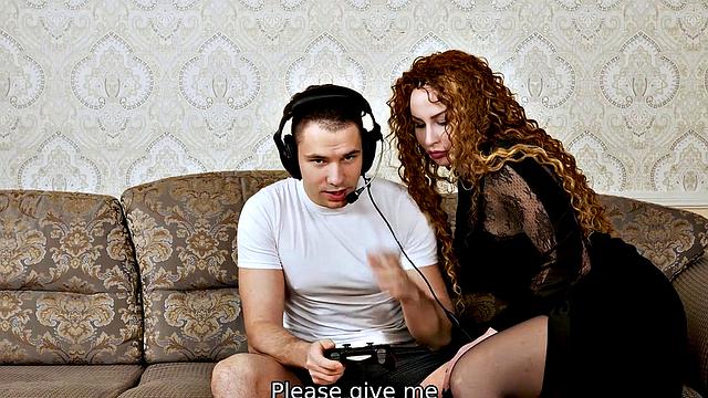 MATURE4K. During fun in video game, mature becomes interested in a guy's dick