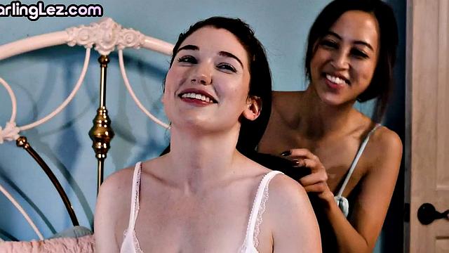 Hairypussy loving Asian babe licks GFs bushy muff