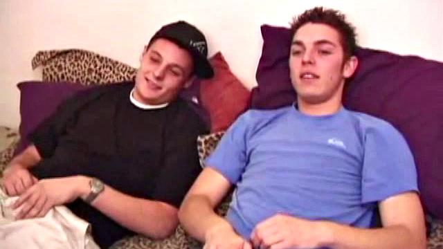 Resting on the bed while watching some porn, Gunner Raines and Brady Walker grab lube and work their cocks. After a good stroking, Gunner shoots off his load, then Brady follows with a cum shot.