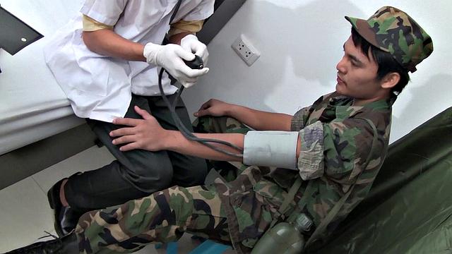 Skinny Asian soldier teased and barebacked by medic