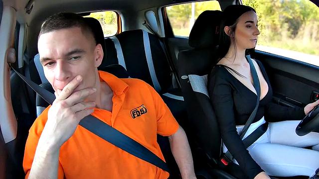 Skinny busty driving student bouncing cock