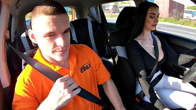Skinny busty driving student bouncing cock