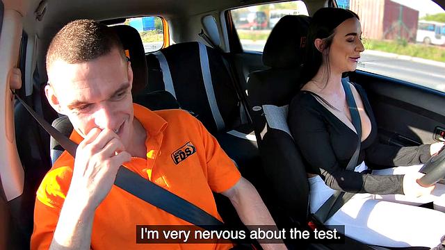 Skinny busty driving student bouncing cock