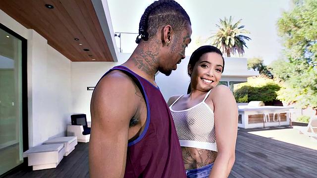 Watch this tattooed brunette get her trimmed pussy drilled by a huge black cock in the living room