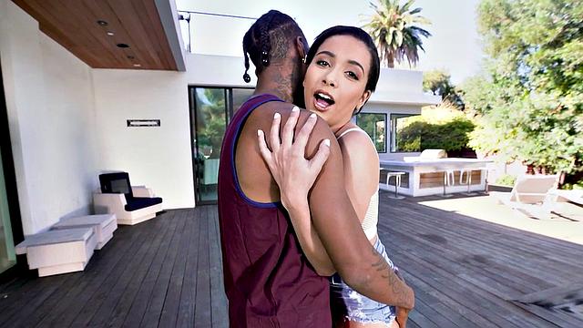 Watch this tattooed brunette get her trimmed pussy drilled by a huge black cock in the living room