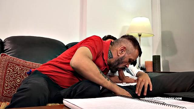 Young Cedric is all about having sex with older men and this time he is sharing the company of dddy Absorbed in a school project, Cedric barely even notices Migue, until a well-placed hand gets the boy's attention.