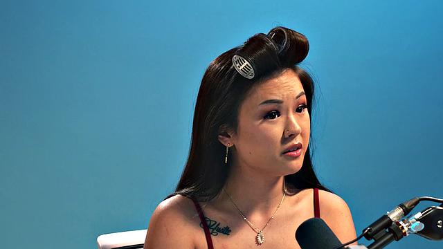 Asian babe in stockings enjoys masturbating with toy