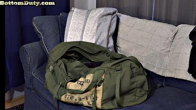 Solo military stud with tattoos jerks cock in room