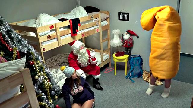 Busty hostel babe pounded and facefucked by Santa