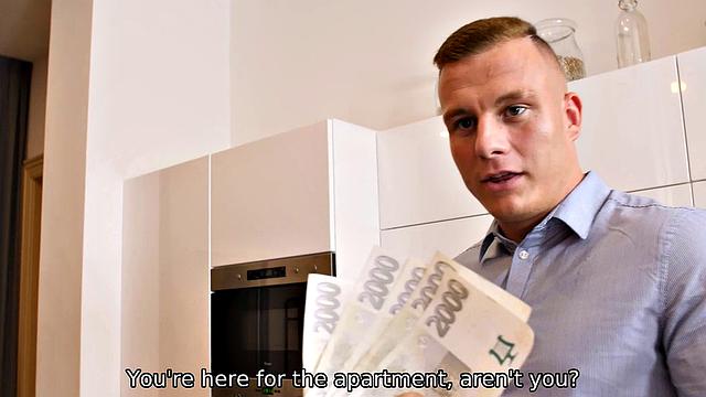 HUNT4K. Nymph in sexy clothes satisfies potential client in front of BF