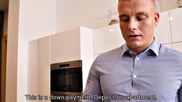 HUNT4K. Nymph in sexy clothes satisfies potential client in front of BF