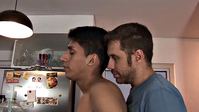 College Latin twink bareback fucked by daddy in kitchen