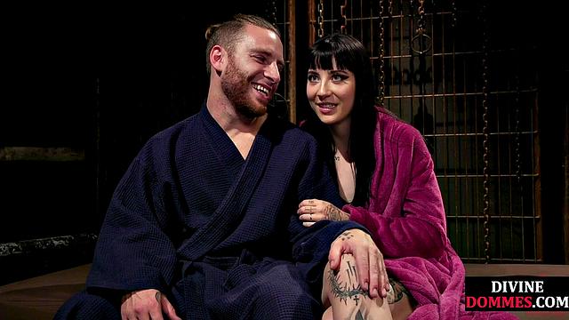 CFNM femdom leather babe pegs male ass with strapon