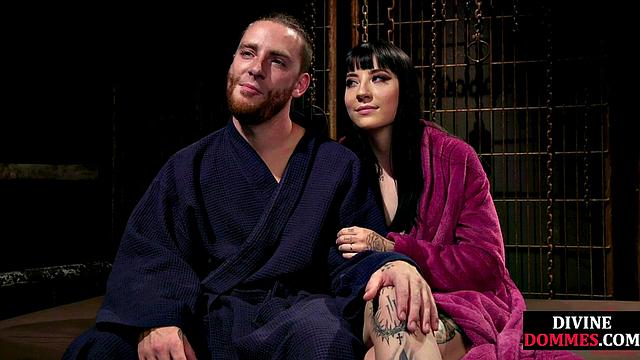 CFNM femdom leather babe pegs male ass with strapon