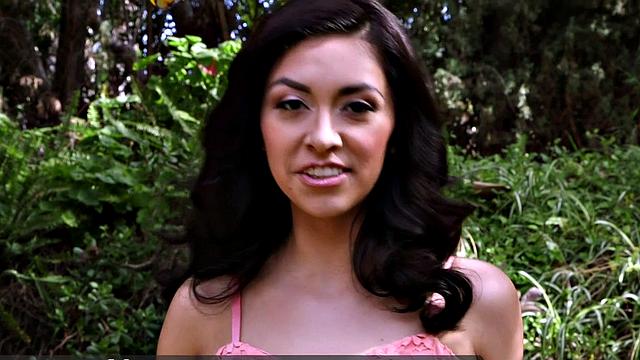 Beautiful brunette Kara is a nervous 20something who does a striptease and a masturbation show outdoors.