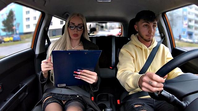 Busty inked driving instructor smashed in car