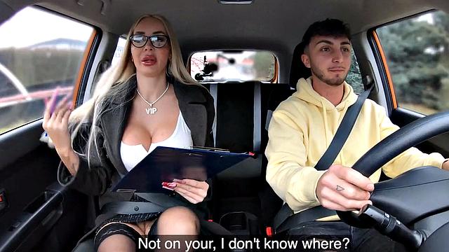 Busty inked driving instructor smashed in car