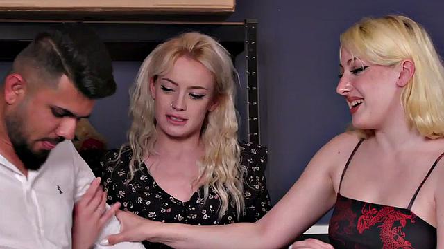CFNM British babes suck cock of bondage guy in group