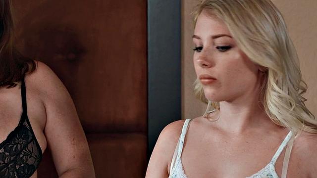 Curvy maid licks and fingers her teen's tight pussy in heels