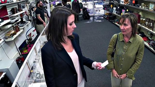 Pawnshop amateur MILF mouth fucked in office by owner