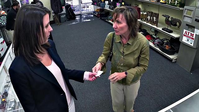 Pawnshop amateur MILF mouth fucked in office by owner