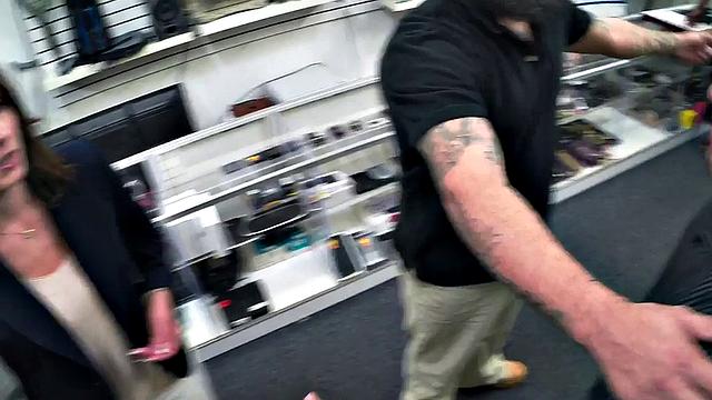 Pawnshop amateur MILF mouth fucked in office by owner