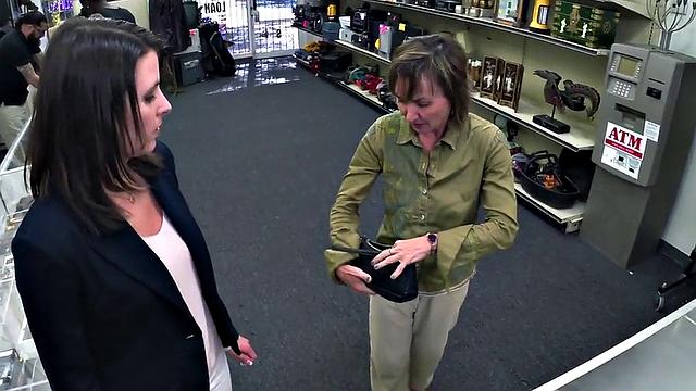 Pawnshop amateur MILF mouth fucked in office by owner