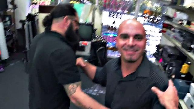 Pawnshop amateur MILF mouth fucked in office by owner