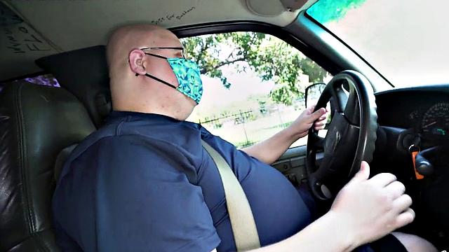 Brown-haired teen with big tits deepthroats and gives handjob to driver in car