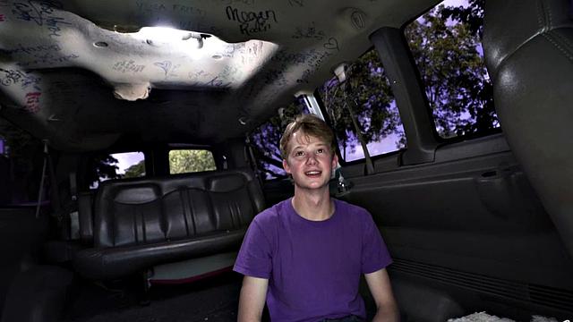 Brown-haired teen with big tits deepthroats and gives handjob to driver in car