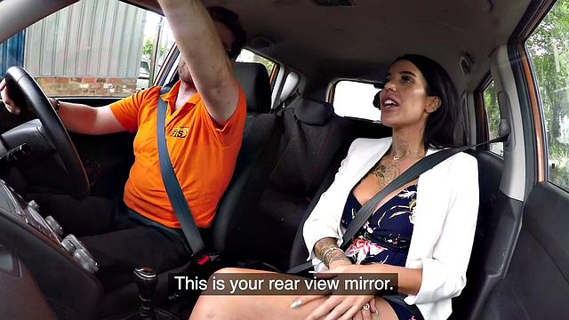 Busty tattoo MILF publicly fucked outdoor in car by tutor