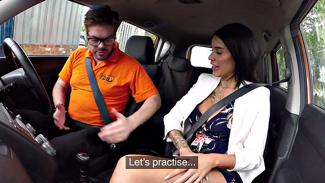 Busty tattoo MILF publicly fucked outdoor in car by tutor