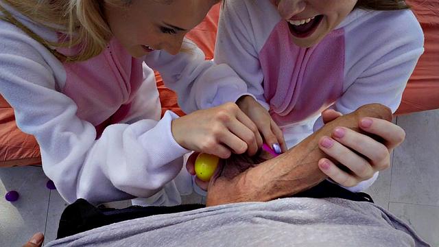 Two blondes & a brunette take turns on a big cock in reverse cowgirl pose