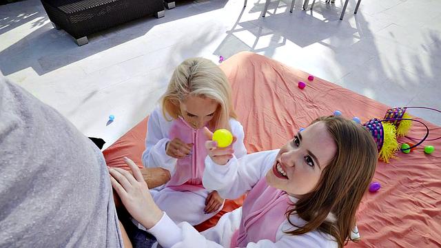 Two blondes & a brunette take turns on a big cock in reverse cowgirl pose