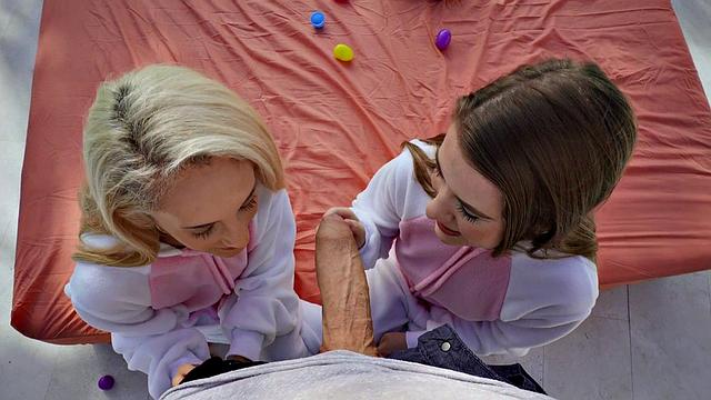 Two blondes & a brunette take turns on a big cock in reverse cowgirl pose